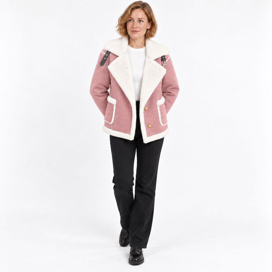 Women's Suede Jacket | Faux Shearling Trim Buckle Collar