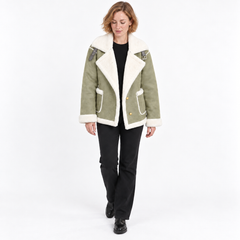 Women's Suede Jacket | Faux Shearling Trim Buckle Collar