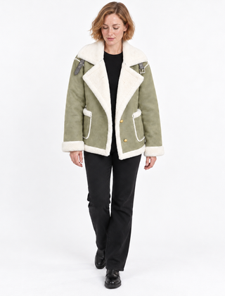 Women's Suede Jacket | Faux Shearling Trim Buckle Collar