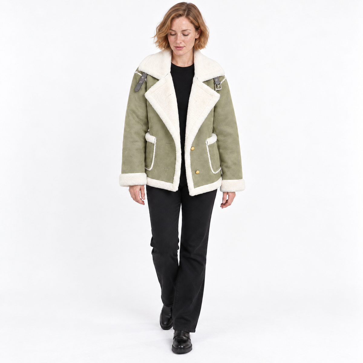 Women's Suede Jacket | Faux Shearling Trim Buckle Collar