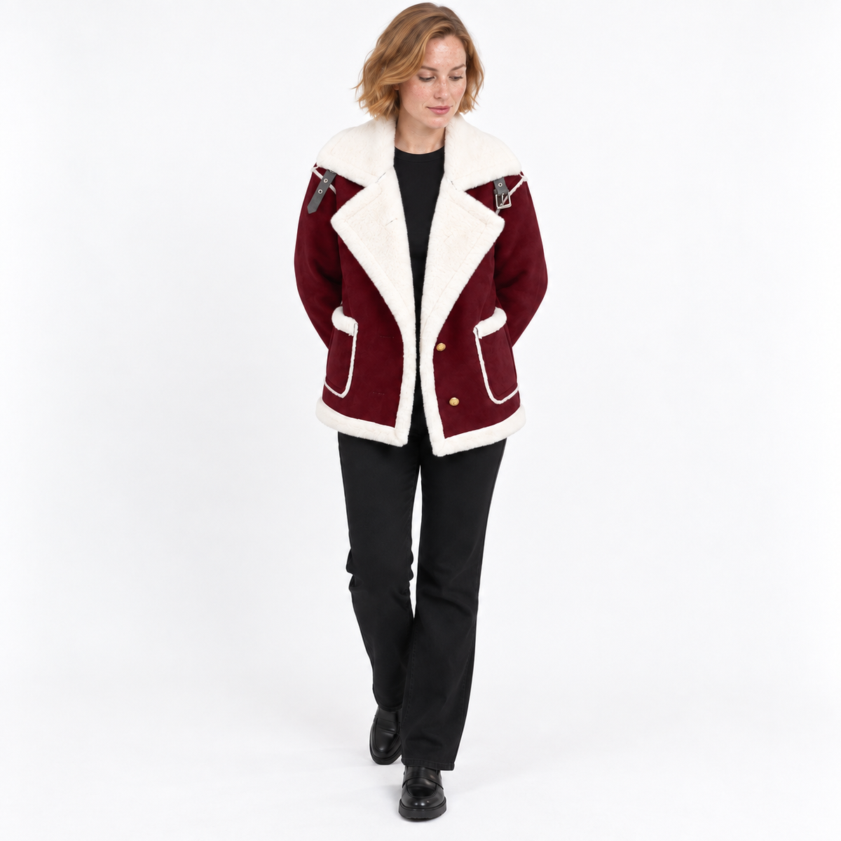 Women's Suede Jacket | Faux Shearling Trim Buckle Collar