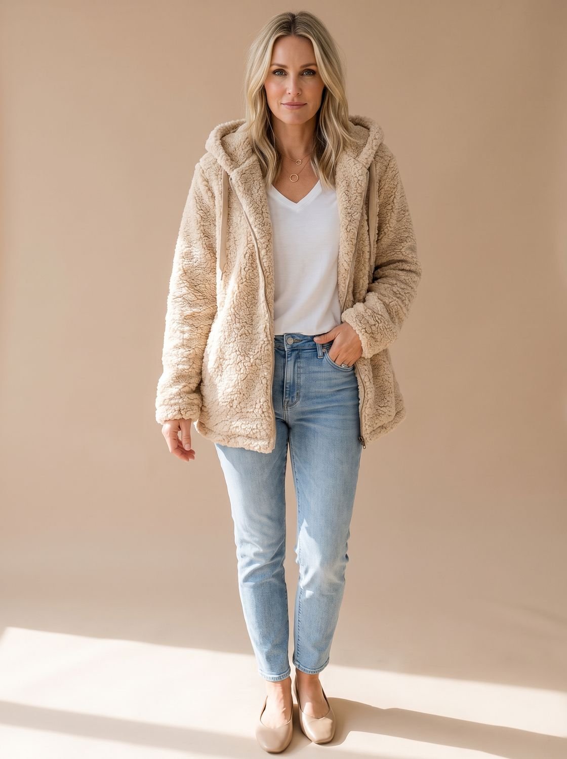 Women's Teddy Coat | Fuzzy Hooded Zip Front