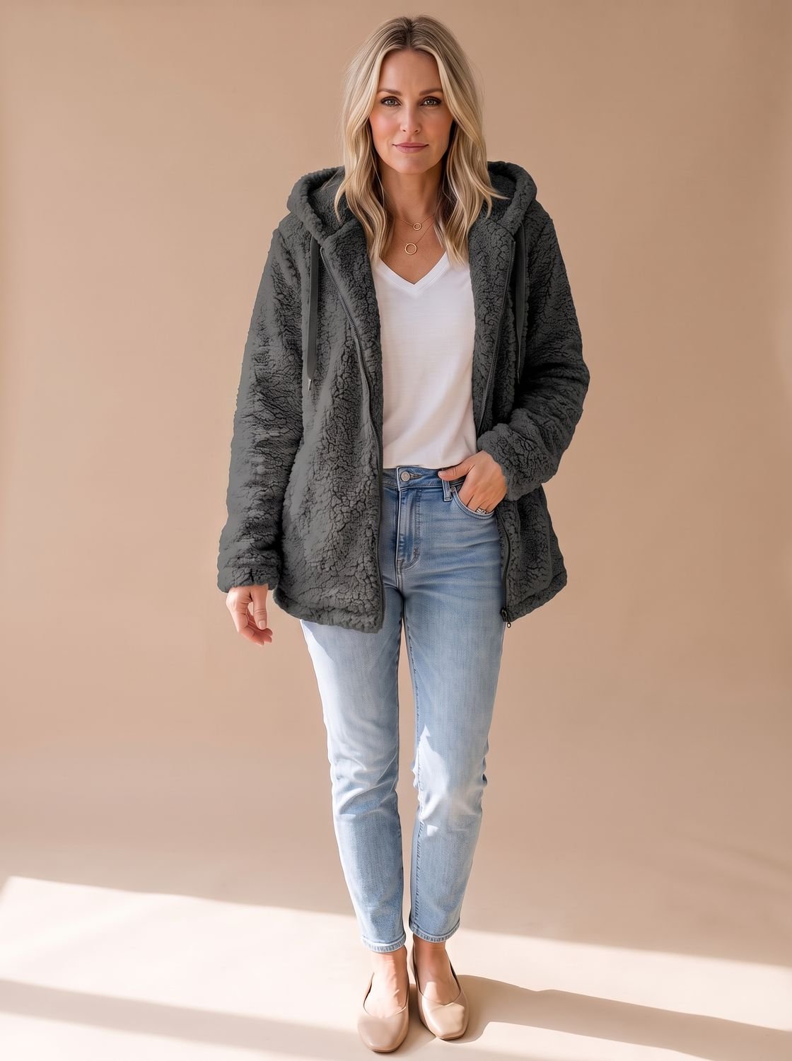 Women's Teddy Coat | Fuzzy Hooded Zip Front