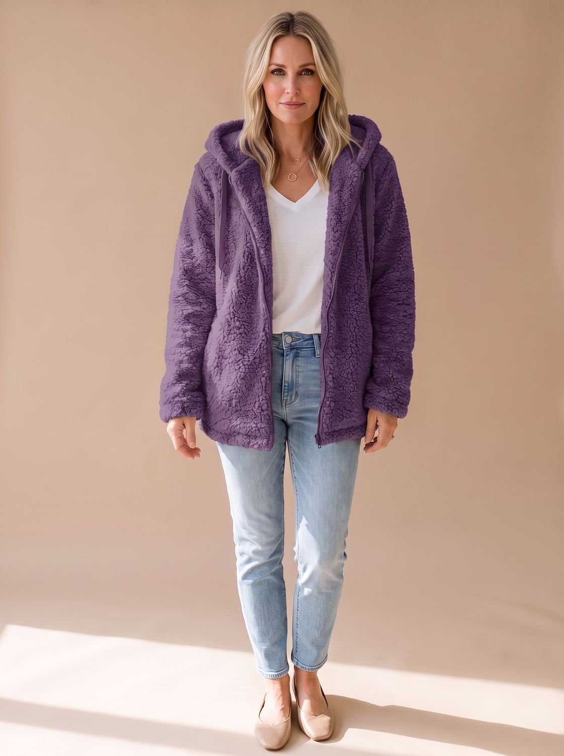 Women's Teddy Coat | Fuzzy Hooded Zip Front