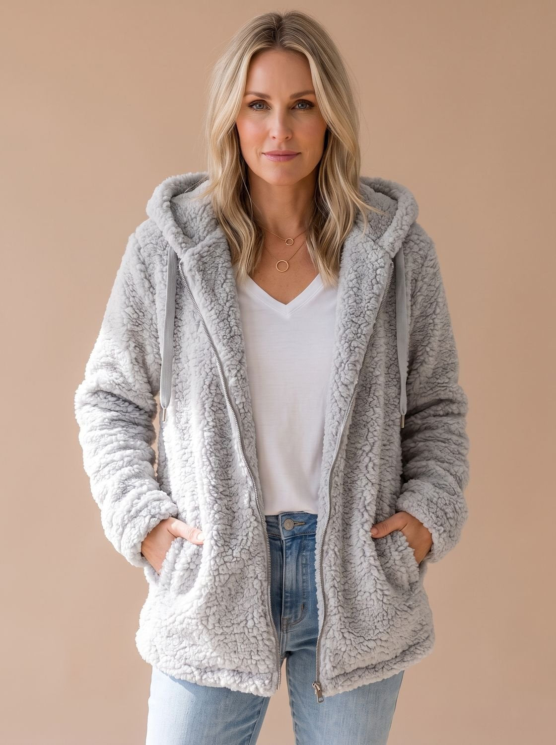 Women's Teddy Coat | Fuzzy Hooded Zip Front