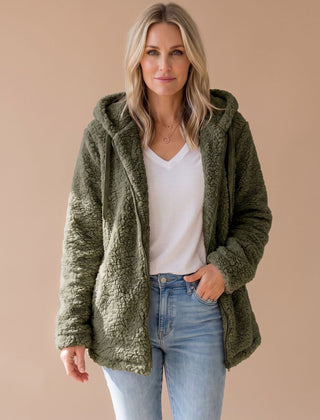 Women's Teddy Coat | Fuzzy Hooded Zip Front