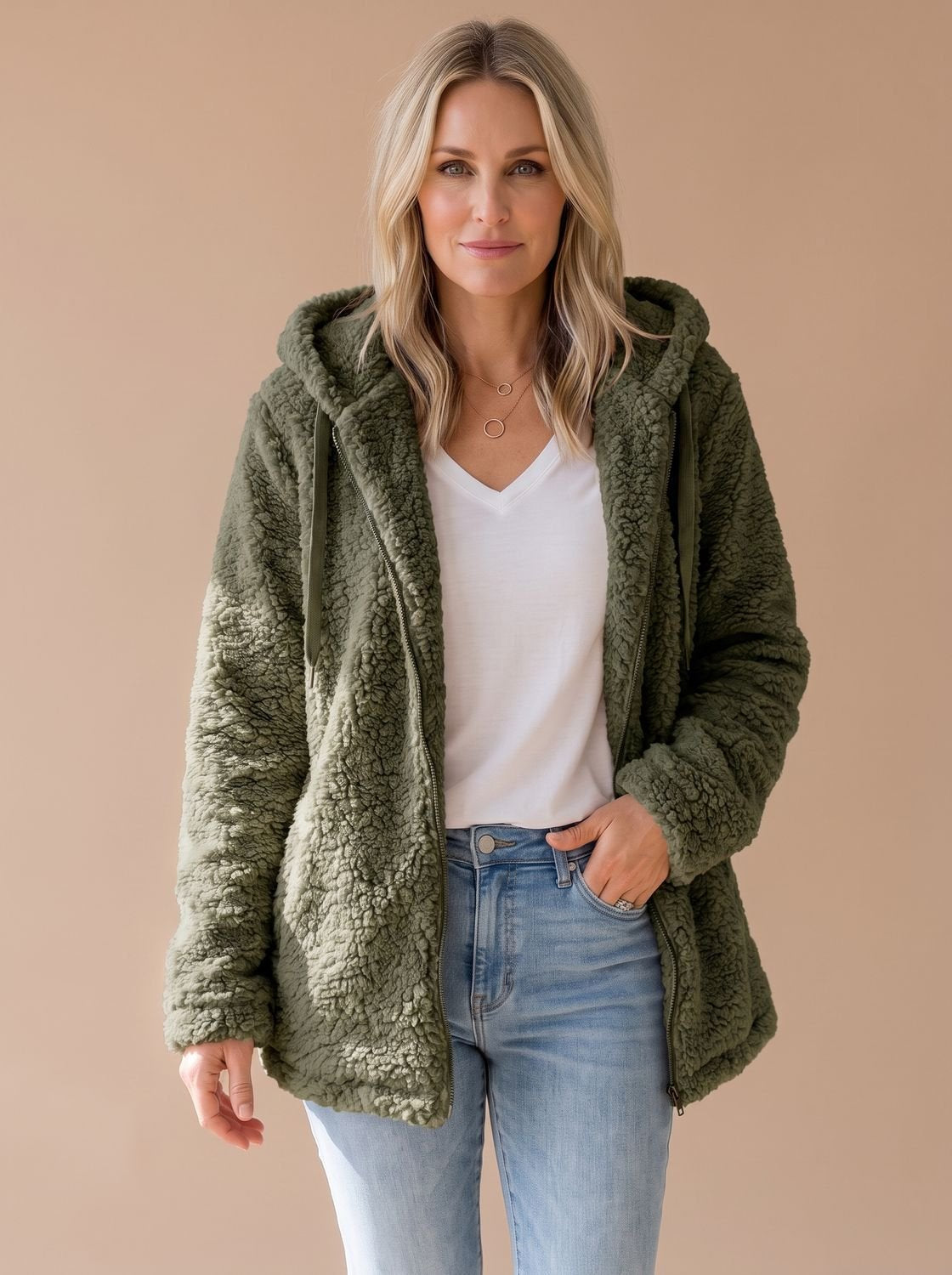 Women's Teddy Coat | Fuzzy Hooded Zip Front