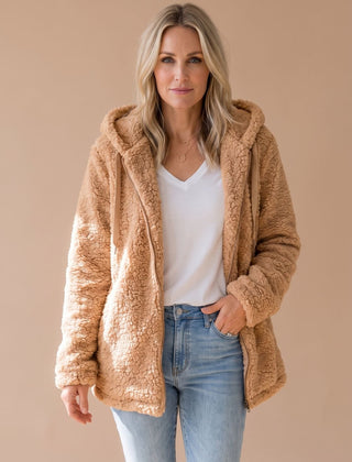 Women's Teddy Coat | Fuzzy Hooded Zip Front